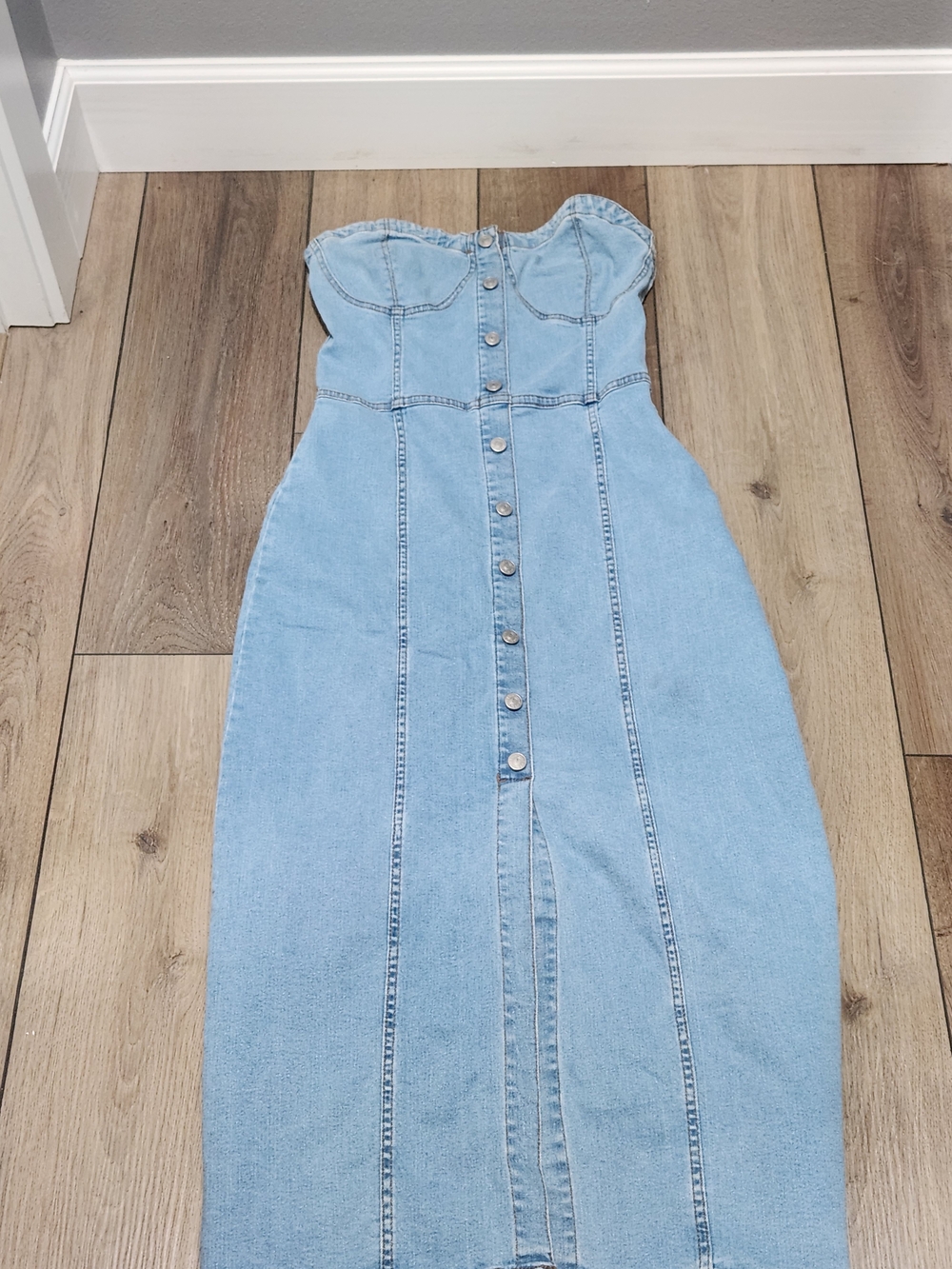 Strapless Light Blue Denim Button-Front Midi Dress